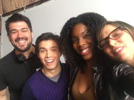 Director Adam Newacheck and actors James Hansen, Dashawn Barnes and Charlotte Newhouse on the set of Idiotsitter