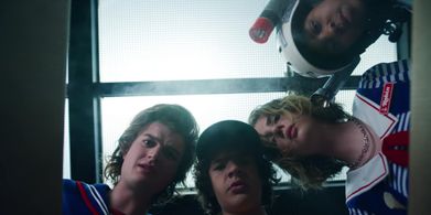Maya Hawke, Joe Keery, Gaten Matarazzo, and Priah Ferguson in Stranger Things (2016)
