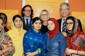 Davis Guggenheim, Laurie MacDonald, Walter F. Parkes, and Malala Yousafzai at an event for He Named Me Malala (2015)