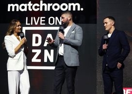 Tony Bellew, Laura Woods, and Josh Warrington in DAZN Boxing: WBA World Featherweight Title: Leigh Wood vs. Mauricio Lar