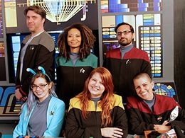 Eric Collin Campbell, Aliza Pearl, Bonnie Gordon, Amy Dallen, Hector Navarro, and Sam de Leve in Shield of Tomorrow (201