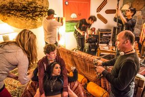 Gordon (Maxwell Haynes) and Sakhah (Elysha Jackson) with Director David Ray on the set of Grand Unified Theory