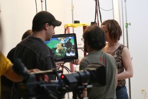 J.P. Riley and Noah Ginex blocking puppeteers on Barenaked Ladies' video, 