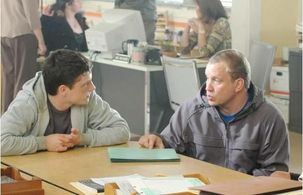 Josh Hutcherson and Lawrence Roeck on the set of The Forger