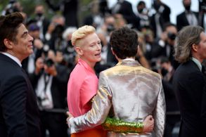 Tilda Swinton and Timothée Chalamet at an event for The French Dispatch (2021)
