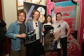 (L-R) Director Don Ng, Actor Euan Alexander, child actress Elizabeth Beattie and Jacob Pettifer pose with film poster be