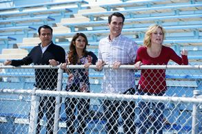 Anjali Bhimani, Julie Bowen, Ty Burrell, and Ajay Mehta in Modern Family (2009)