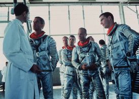 Ed Harris, Lance Henriksen, Dennis Quaid, Scott Glenn, Charles Frank, Scott Paulin, and Fred Ward in The Right Stuff (19