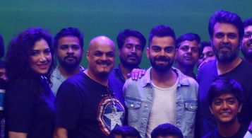 At the wrap of Super V (2019). Writer Vekeana Dhillon with director Puneet Sira, Virat Kohli and producer/creator Harman