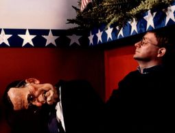 Steve Nallon, puppeteer, on set of TV series SPITTING IMAGE.