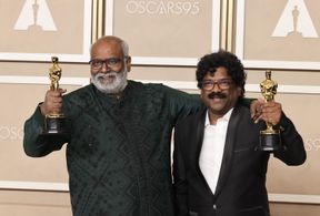 Chandrabose and M.M. Keeravani at an event for RRR (2022)