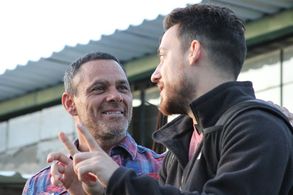 Nelson Bonilla and Sterling Hurst on set during the production of SMALL GROUP.