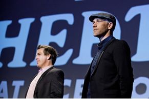 John Pastorius (L) and director Paul Marchand speak at the premiere of 'JACO' at The Theater at The Ace Hotel on Novembe