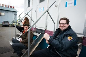 Brandon Hardesty and Zane Holtz on the set of 