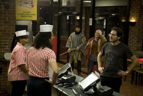 Sherry Gordon, Lucas Akoskin, Kirsten Dunst, Brian Geraghty and Carlos Cuarón on the set of The Second Bakery Attack