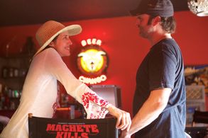Machete on the set- Patricia Vonne & Robert Rodriguez