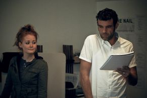 Actress Agusta Eva Erlendsdottir and leading actor Stefan Karl Stefansson rehearse