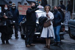 Anthony Fabian and Lesley Manville on the set of Mrs. Harris Goes to Paris