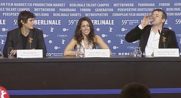 Marta Cross with Jan Henrik Stahlberg and Marcus Mittermeier at Berlinale Film Festival Press Conference