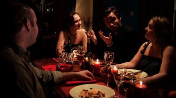 Production still showing actors Brendan McCormack, Art Kearns, Maeve McGowan and Deborah Wiseman