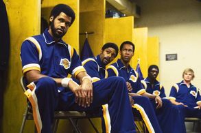 DeVaughn Nixon, Solomon Hughes, Newton Mayenge, Austin Aaron, and Jimel Atkins in Winning Time: The Rise of the Lakers D