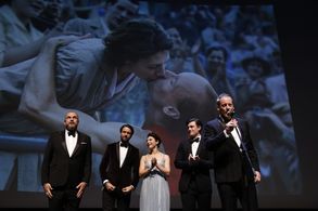 Martha Issová, David Ondricek, Krystof Mucha, James Frecheville, and Václav Neuzil at an event for Zátopek (2021)