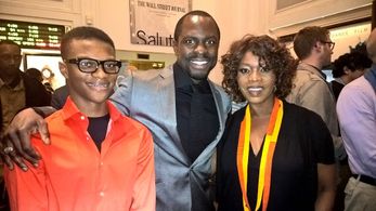 Justin Myrick, Gbenga Akinnagbe, and Alfre Woodard at the premiere of the Knucklehead film at BAM Rose Cinemas in Brookl