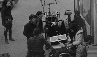 Mounia Akl and the crew of Submarine on set in Lebanon