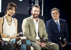 Chris Evans, Mark Ruffalo, and Claudia Kim at an event for Avengers: Age of Ultron (2015)