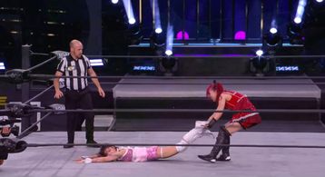 Riho Abe, Rick Knox, and Maki Ito at an event for AEW Dark: Elevation (2021)