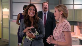 Allen (Ben Zelevansky) cracks up while Fox Paris (Angelique Cabral) helps June (Dreama Walker) retell an off-color joke 