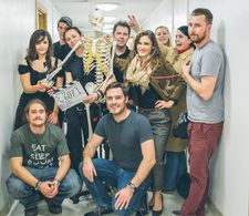 Producer Darren Ripley, Lili Bordan, director Ben Pickering and the crew on the final day of principal photography on WE