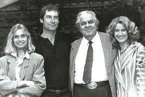Timothy Dalton, Maryam d'Abo, Caroline Bliss, and Albert R. Broccoli in The Living Daylights (1987)