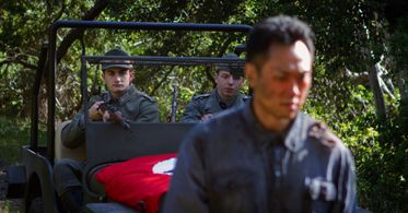 Evan James Henderson on the set of Kommando 1944