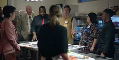 Bill Glass, Ed Helms, Sean Alexander James, Kamaria Williams, and Jana Schmieding in Rutherford Falls (2021)