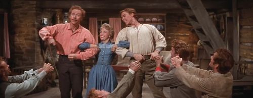 Jane Powell, Jacques d'Amboise, Matt Mattox, Marc Platt, Tommy Rall, Jeff Richards, and Russ Tamblyn in Seven Brides for