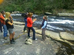 Tammy being interviewed by NBC's Today Show in Dupont State Recreational Forest about the locations for The Hunger Games