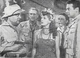J. Edward Bromberg, Robert Lowery, John Miljan, Patricia Morison, and Amira Moustafa in Queen of the Amazons (1947)