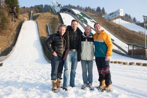 Dexter Fletcher, Hugh Jackman, Eddie 'The Eagle' Edwards, and Taron Egerton in Eddie the Eagle (2015)
