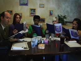Felicia Day, Jeff Lewis, Sandeep Parikh, Amy Okuda, and Robin Thorsen in The Guild (2007)