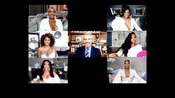 Cynthia Bailey, Andy Cohen, Kenya Moore, Eva Marcille, Kandi Burruss, NeNe Leakes, and Porsha Williams in The Real House