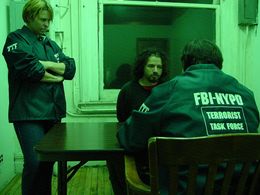 Peggi Vail, and Antonino Di Ambrossio interrogate Not4Prophet on the set of Machetero.