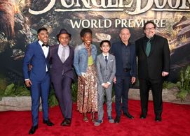 Ben Kingsley, Giancarlo Esposito, Jon Favreau, Lupita Nyong'o, Ritesh Rajan, and Neel Sethi at an event for The Jungle B