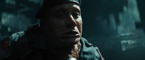 In “Black Adam” as a Mercenary getting eviscerated by Black Adam himself, Dwayne Johnson.