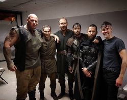 On the set of Robin Hood: The Rebellion, Martyn Ford (Brimstone),James G. Nunn (Will Scarlett),Jamie Kenna (Little Joh