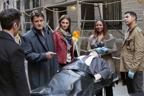 Jon Huertas, Tamala Jones, Seamus Dever, Nathan Fillion, Stana Katic, and Scott Broderick in Castle (2009)