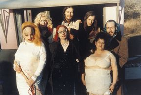 John Waters, Divine, David Lochary, Edith Massey, Danny Mills, Mary Vivian Pearce, and Mink Stole in Pink Flamingos (197