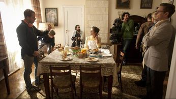 Rehearsal for The Eichmann Show, with Zora Bishop, Paul Andrew Williams, and Martin Freeman