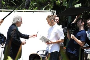 Director Bryan Fox discusses an overhead jib shot with Henry Winkler.