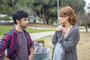 Director Sarah Phillips talks through the scene with actor Noah James.